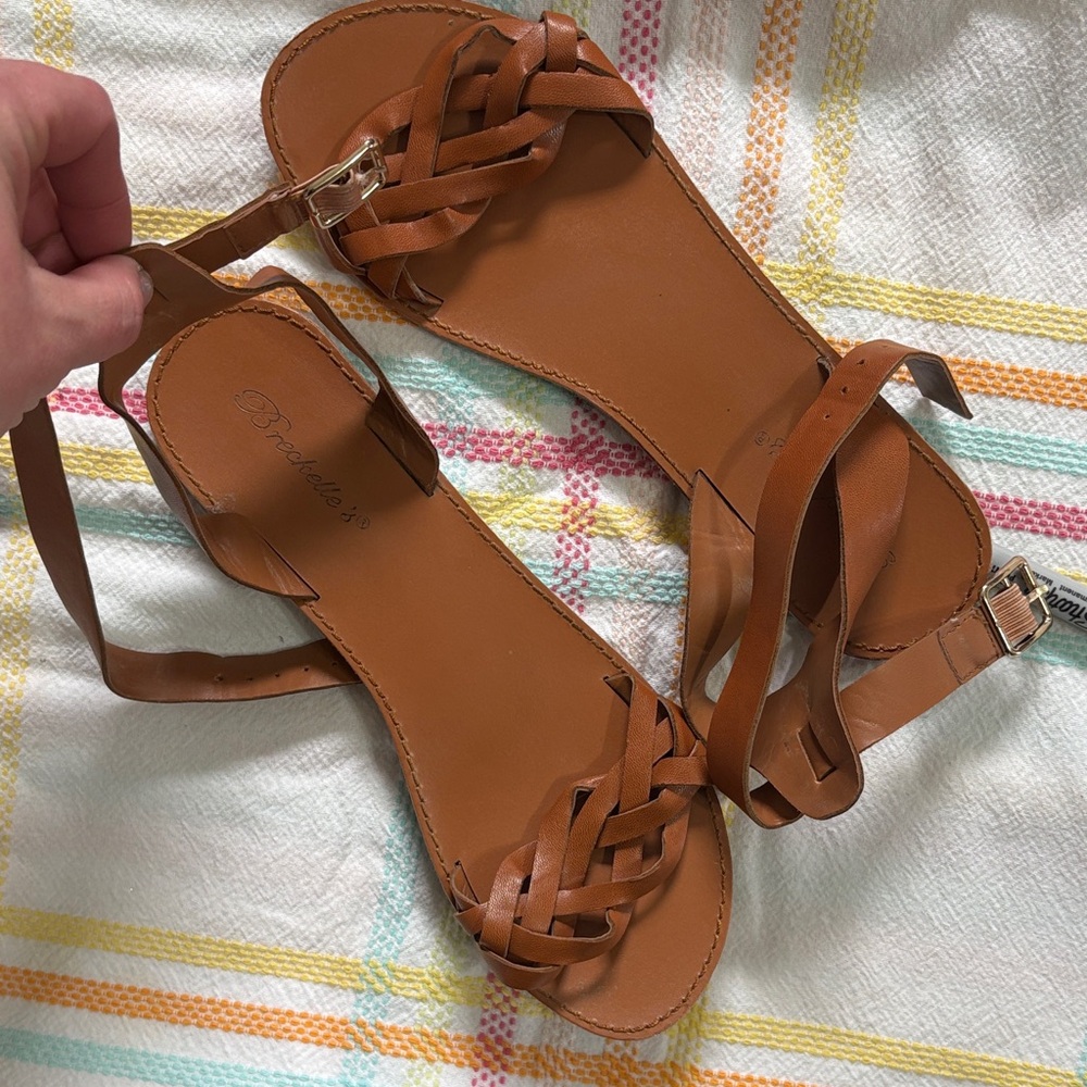 Breckelles Cognac Tan Braided Ankle-Tie Flat Sandals
